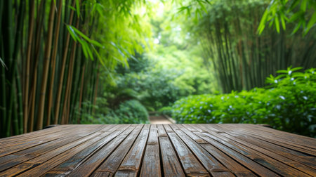 Wooden platform in a tranquil bamboo forest pathway.の素材