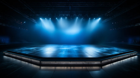 An empty concert stage with dynamic lighting and LED screens.の素材