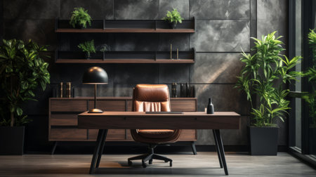A chic modern office with greenery and leather.の素材