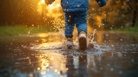 A young child jumps in a rain puddle, creating a splash, with sunset light in the background.の素材