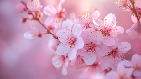 Close-up of cherry blossoms with morning dew highlighting their delicate beautyの素材