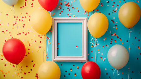 A frame surrounded by vibrant balloons and confetti, perfect for party announcements or celebrations.の素材