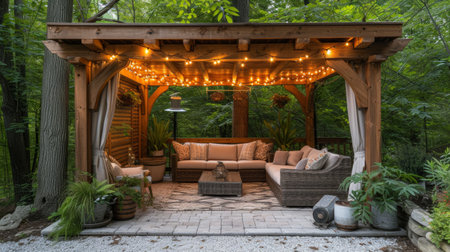 A wooden gazebo lounge area with comfortable seating, string lights, and surrounded by trees.の素材