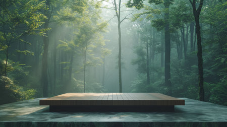 A minimalist wooden podium positioned within a serene, misty forest.の素材