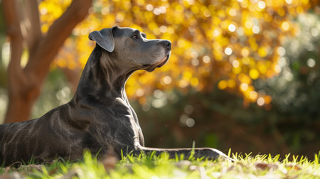 A Great Dane enjoying the autumn vibes in a leafy parkの素材