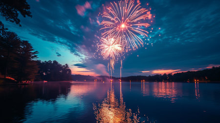 A festive scene of bright fireworks illuminating the night sky over a calm lake.の素材