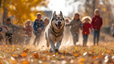 Siberian Husky in a red harness with a backdrop of playful chasing children in winter gear on a snowy day.の素材