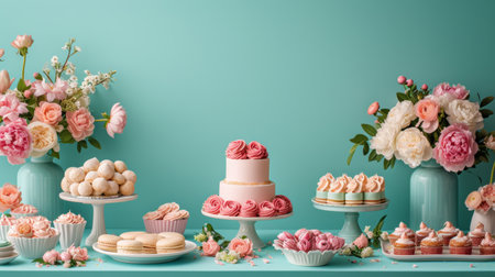 A table of spring-themed desserts, featuring a pink cake and flowers against a teal backdrop.の素材