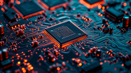A mesmerizing circuit board close-up, showing intricate electronic components in a symphony of lines.の素材