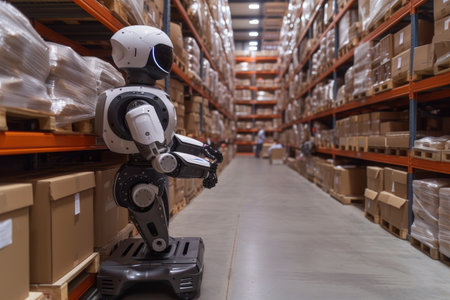 A robot aiding a warehouse worker in efficient inventory management, streamlining logistics.の素材