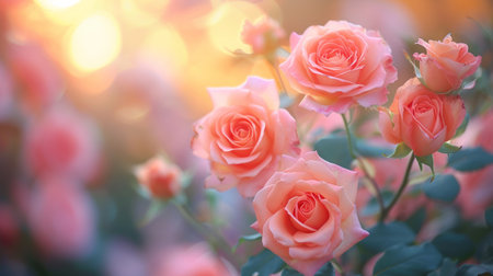 A soft-focus background with blurred roses, depicting the timeless beauty of love.の素材