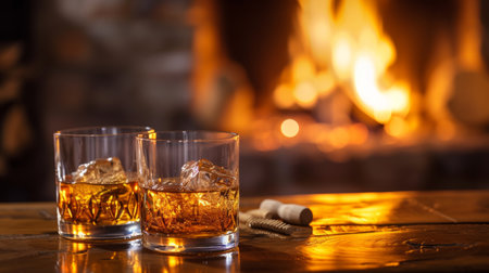 A cozy fireside scene with glasses of aged scotch and a crackling fireplace.の素材