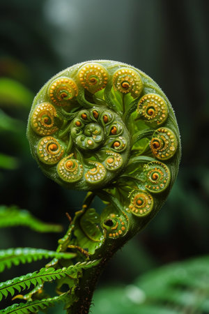A lush green fern unfolding its intricate fronds.の素材