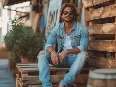 a man in blue jeans with sunglasses sitting on a wooden wall.の素材