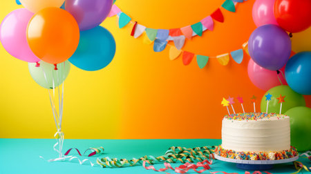 A vibrant and colorful birthday party setting with balloons, streamers, and a festive cake.の素材