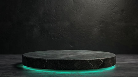 Black Stone Round Pedestal Stage Podium with Green Lighting on a Black Background.の素材