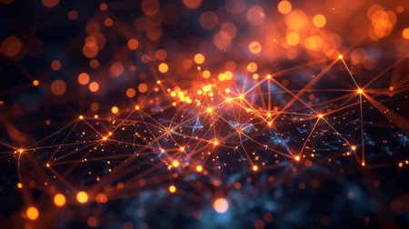 Abstract network connectivity with nodes and bright connections in space.の素材