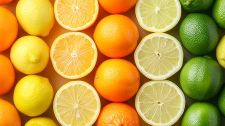 A colorful medley of lemons, limes, and oranges arranged in a harmonious display.の素材