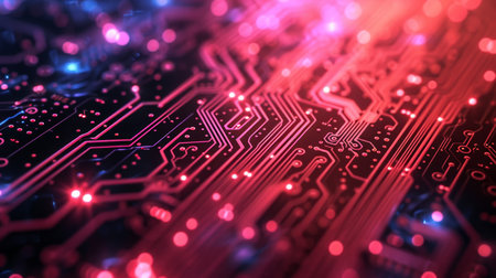 Minimalistic circuit board patterns on a bold, tech-themed background.の素材