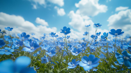 Beautiful natural background with blue flower field and blue sky large copyspace area with copy space for text.の素材