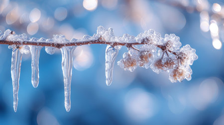 Crystal-clear icicles hanging from a frozen branch, reflecting winter's beauty.の素材