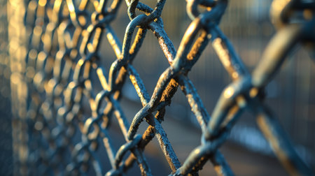 The intricate lattice of an industrial metal fence, a visual contrast within the urban landscape.の素材