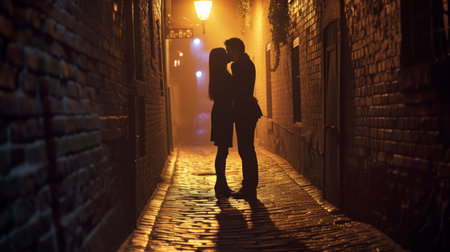 A stolen kiss in a dimly lit alley, capturing the thrill of a hidden romance.の素材