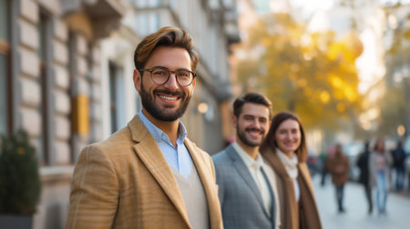 Handsome urbanites in stylish attire, confidently smiling amid city backdrops.の素材