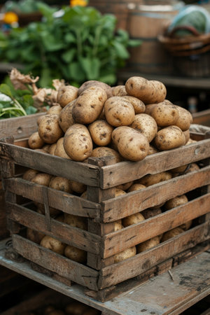 Rustic wooden crates filled with freshly harvested potatoes, still caked in earth.の素材