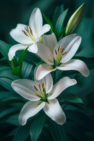 Pristine white lilies resting upon emerald leaves.の素材