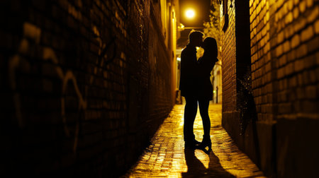 A stolen kiss in a dimly lit alley, capturing the thrill of a hidden romance.の素材
