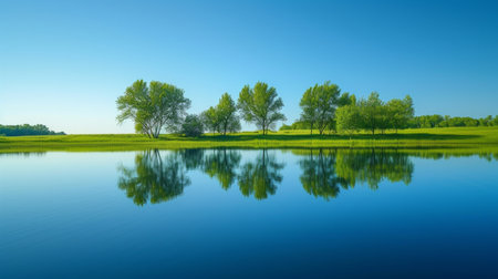 Calm waters reflect the tranquility of a serene, minimalist spring landscape.の素材