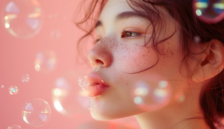 woman blowing bubbles on pink background.の素材