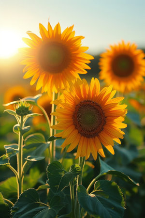 Sun-kissed sunflowers reaching for the sky, radiating warmth and cheerfulness.の素材
