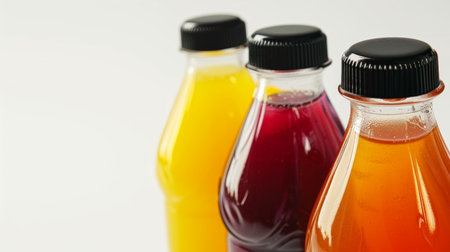 three bottles of natural fruit or vegetable juices can be seen.の素材