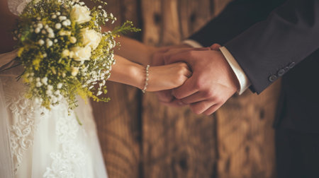 Fingers entwined, they exchange vows, framed by a rustic, romantic backdrop.の素材