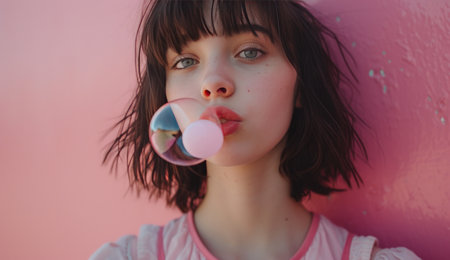 woman blowing bubbles on pink background.の素材