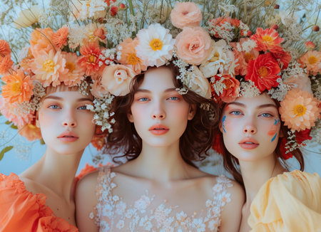 three women in dresses with flower paintings on their face.の素材