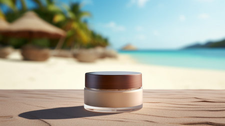 Cosmetic product with blank front, realistic on a mockup template in a sand in a tropical beachの素材