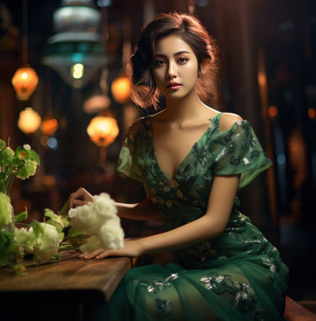 girl in a green dress or outfit, nostalgic atmosphereの素材