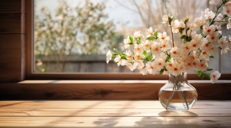 flowers in a vase on a wooden table over a window with sunlight,の素材