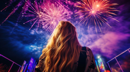 girl is holding back her hair and looking at fireworksの素材