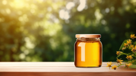 jar of honey with blank front realistic on a mockup template in a wooden table in a summer garden with bee,の素材