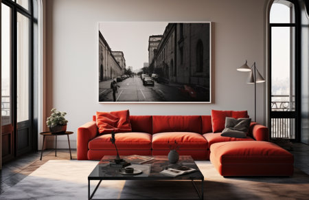 living room with red sofa, coffee table and TV,の素材