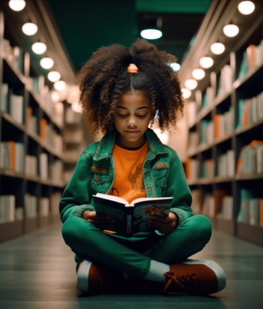 little girl sitting on book reading in the library readingの素材