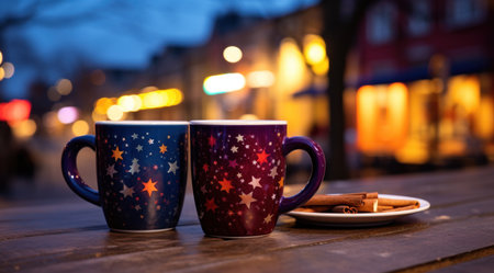 pair of mugs with cup of mulled wine on wooden table,の素材