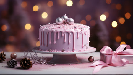 pink christmas cake with christmas decorations and lights,の素材