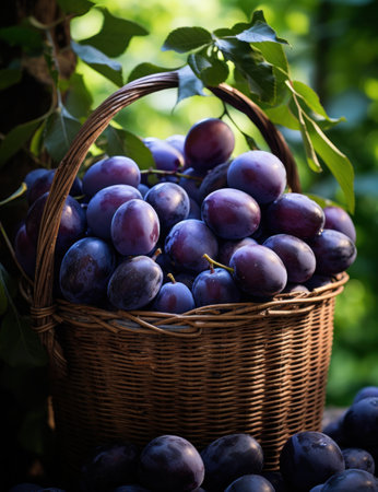 ripe plums in basket on tree, dark purple,の素材
