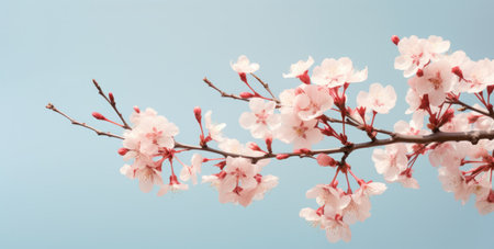 spring flowers and buds on a cherry tree against a sky blue background,の素材