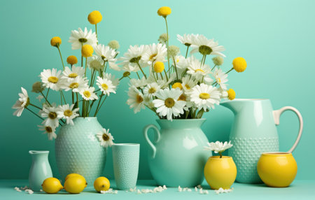 Still life with chamomile flowers in vases on blue backgroundの素材